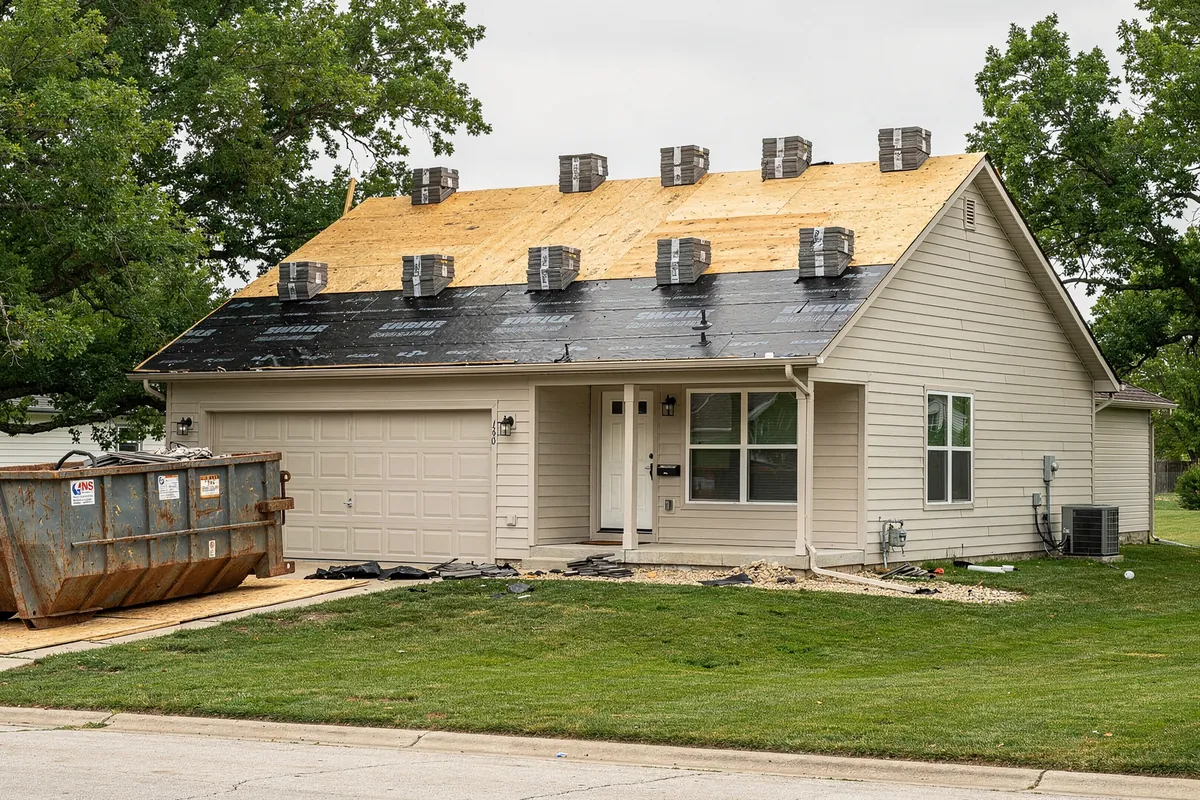 A Missouri house with one roof slope stripped to the decking